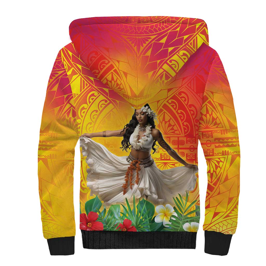Woman Polynesian Tattoos Sherpa Hoodie Tropical Flower - Vibrant Hot Color