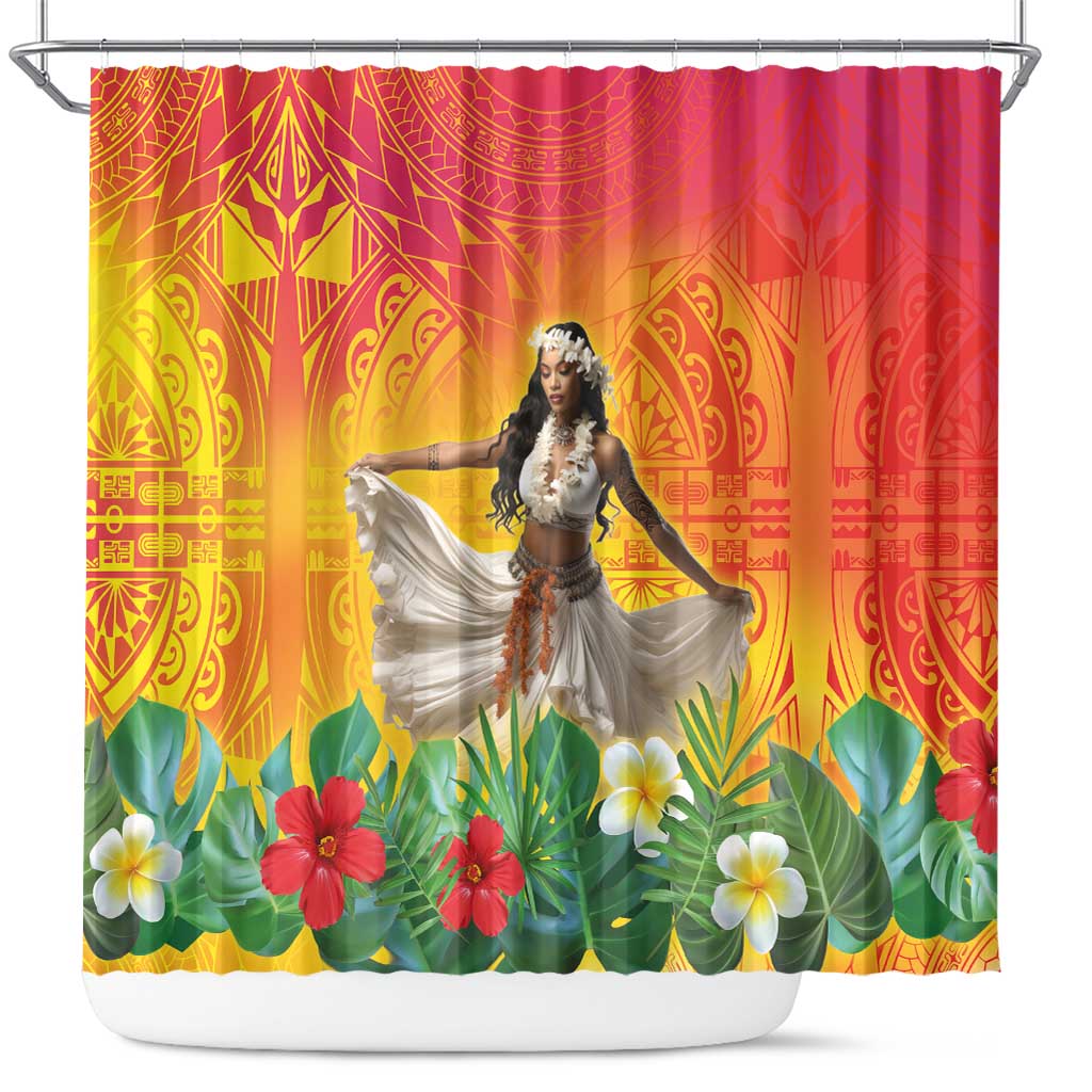 Woman Polynesian Tattoos Shower Curtain Tropical Flower - Vibrant Hot Color LT03 Vibrant Gradient - Polynesian Pride