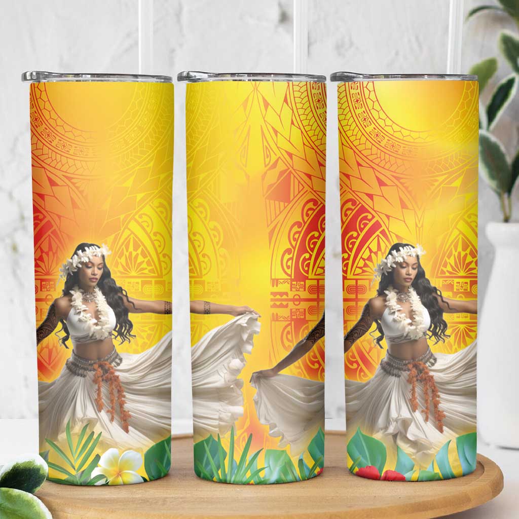Woman Polynesian Tattoos Skinny Tumbler Tropical Flower - Vibrant Hot Color