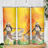 Woman Polynesian Tattoos Skinny Tumbler Tropical Flower - Vibrant Hot Color