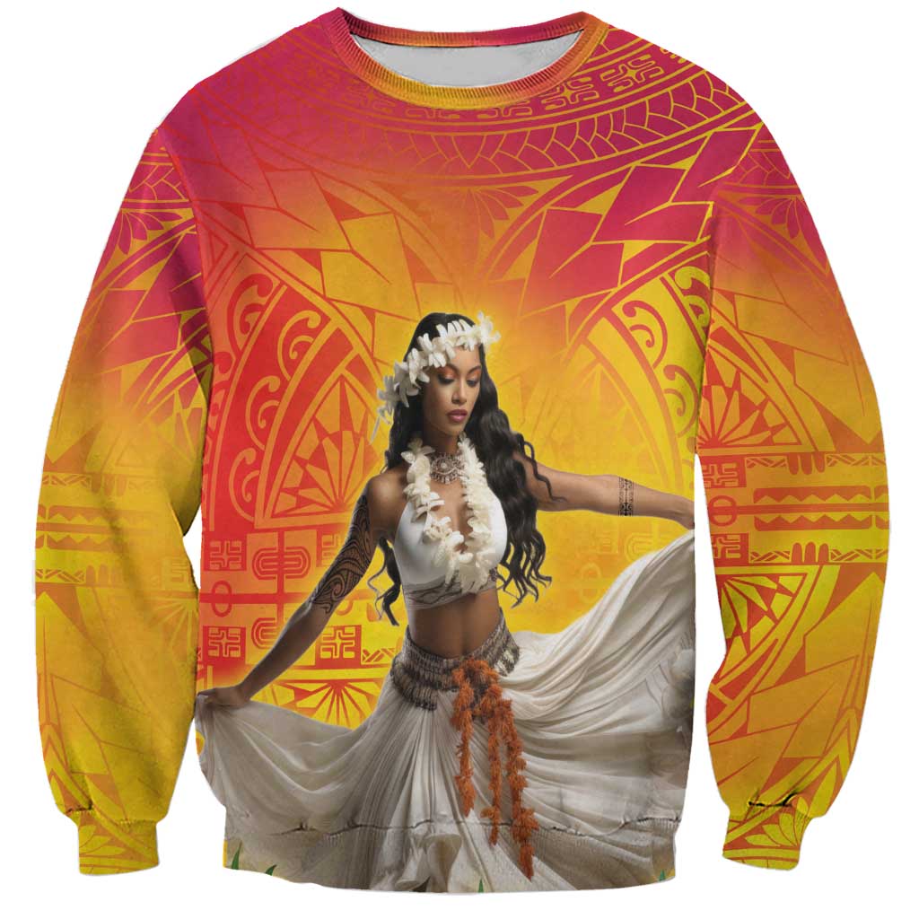 Woman Polynesian Tattoos Sweatshirt Tropical Flower - Vibrant Hot Color