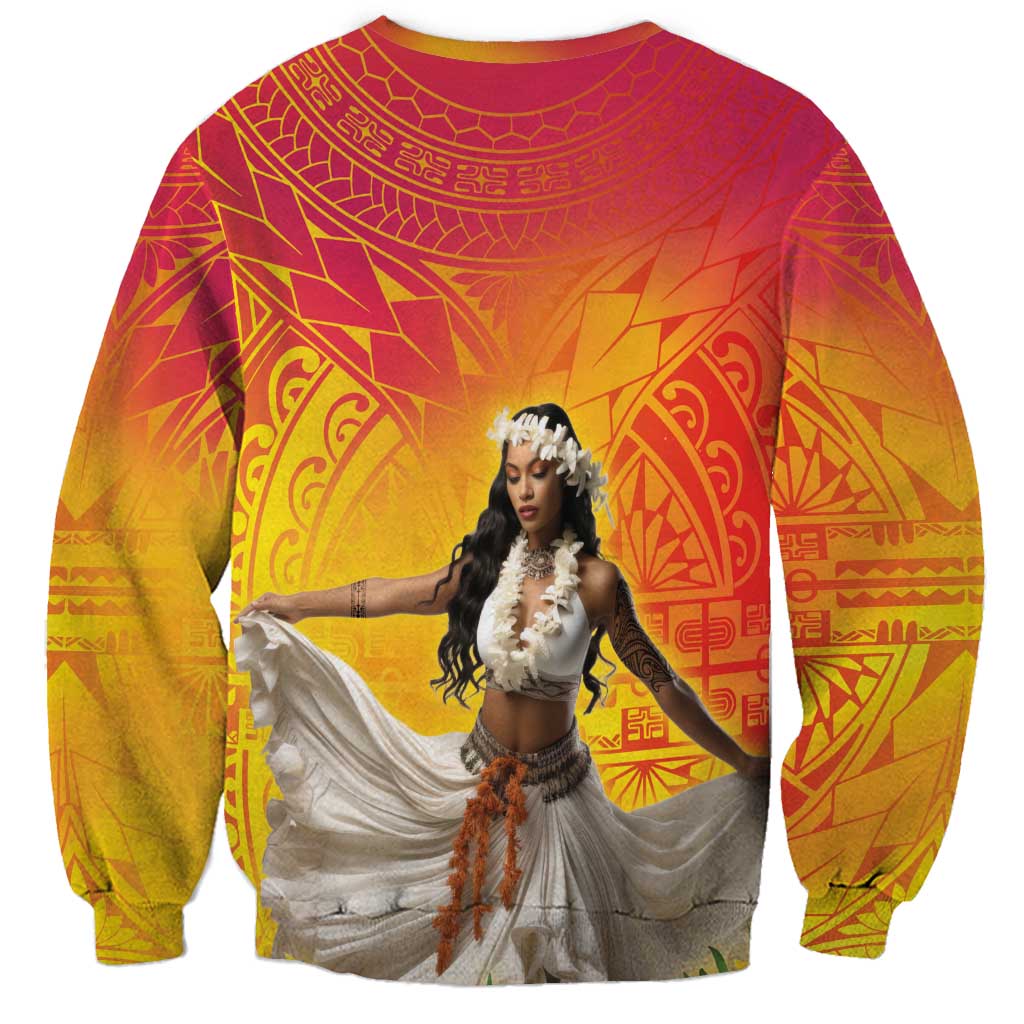 Woman Polynesian Tattoos Sweatshirt Tropical Flower - Vibrant Hot Color