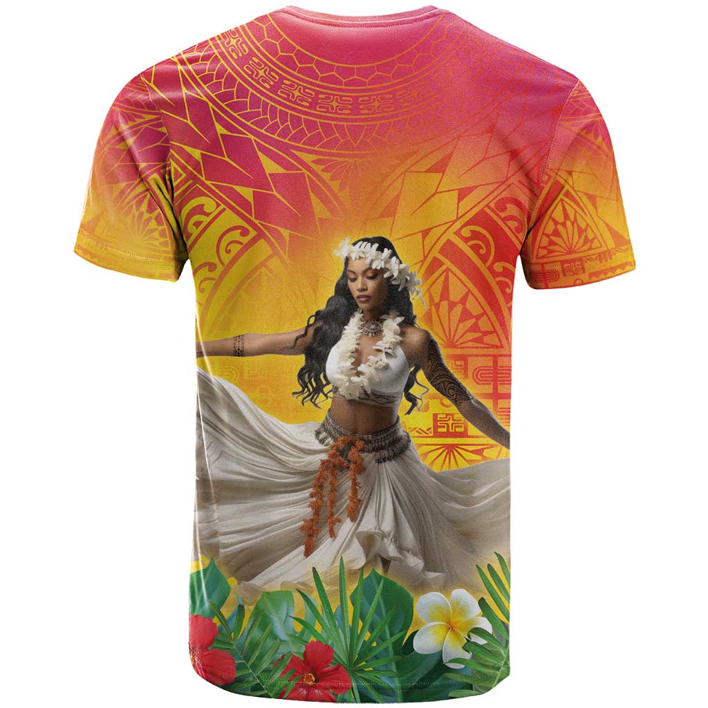 Woman Polynesian Tattoos T Shirt Tropical Flower - Vibrant Hot Color
