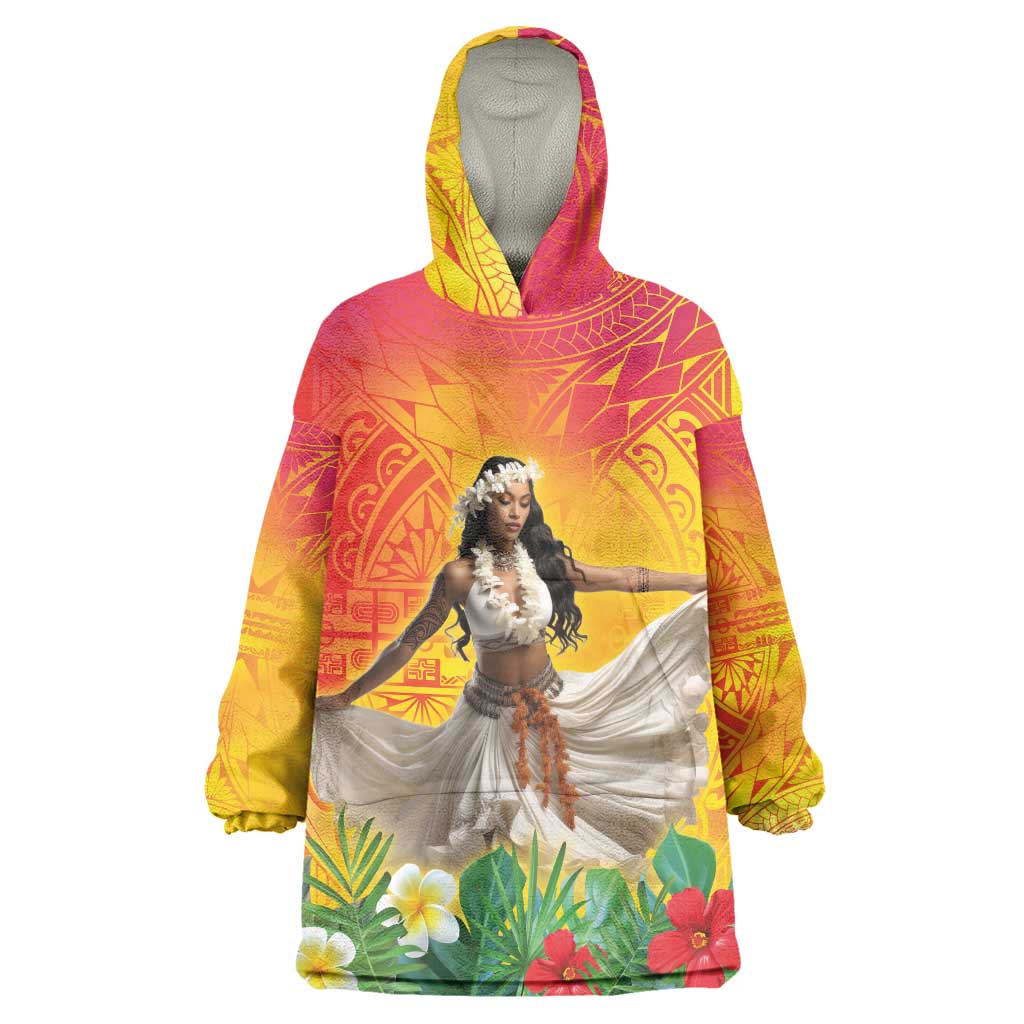 Woman Polynesian Tattoos Wearable Blanket Hoodie Tropical Flower - Vibrant Hot Color LT03 One Size Vibrant Gradient - Polynesian Pride