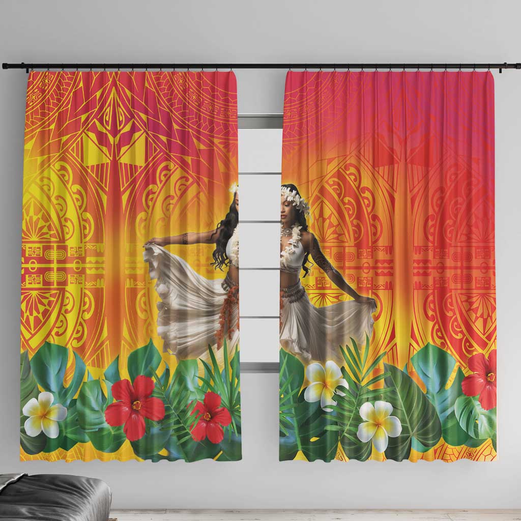 Woman Polynesian Tattoos Window Curtain Tropical Flower - Vibrant Hot Color LT03 With Hooks Vibrant Gradient - Polynesian Pride