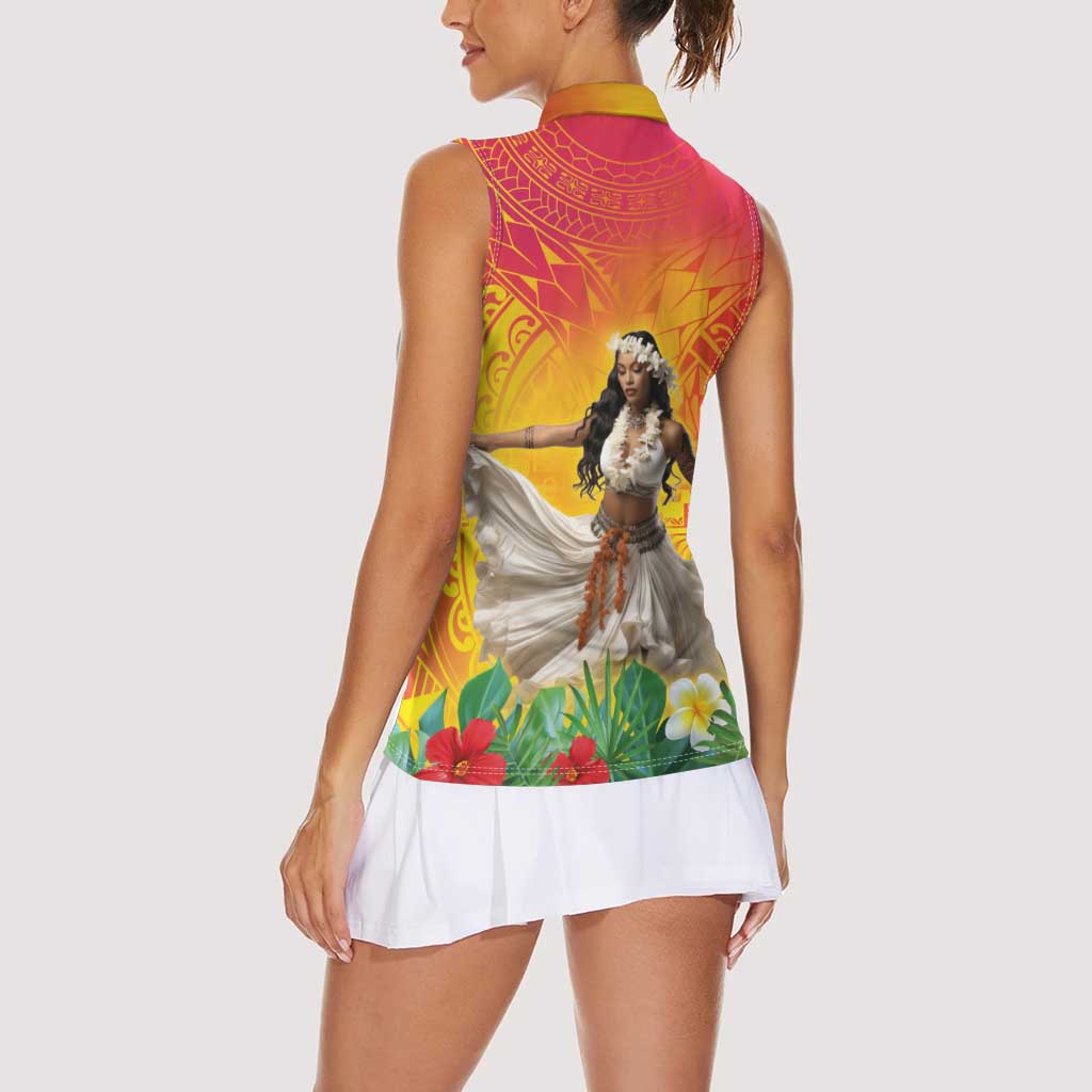 Woman Polynesian Tattoos Women Sleeveless Polo Shirt Tropical Flower - Vibrant Hot Color