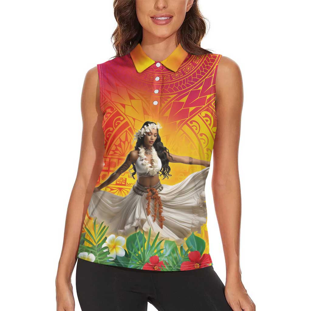 Woman Polynesian Tattoos Women Sleeveless Polo Shirt Tropical Flower - Vibrant Hot Color