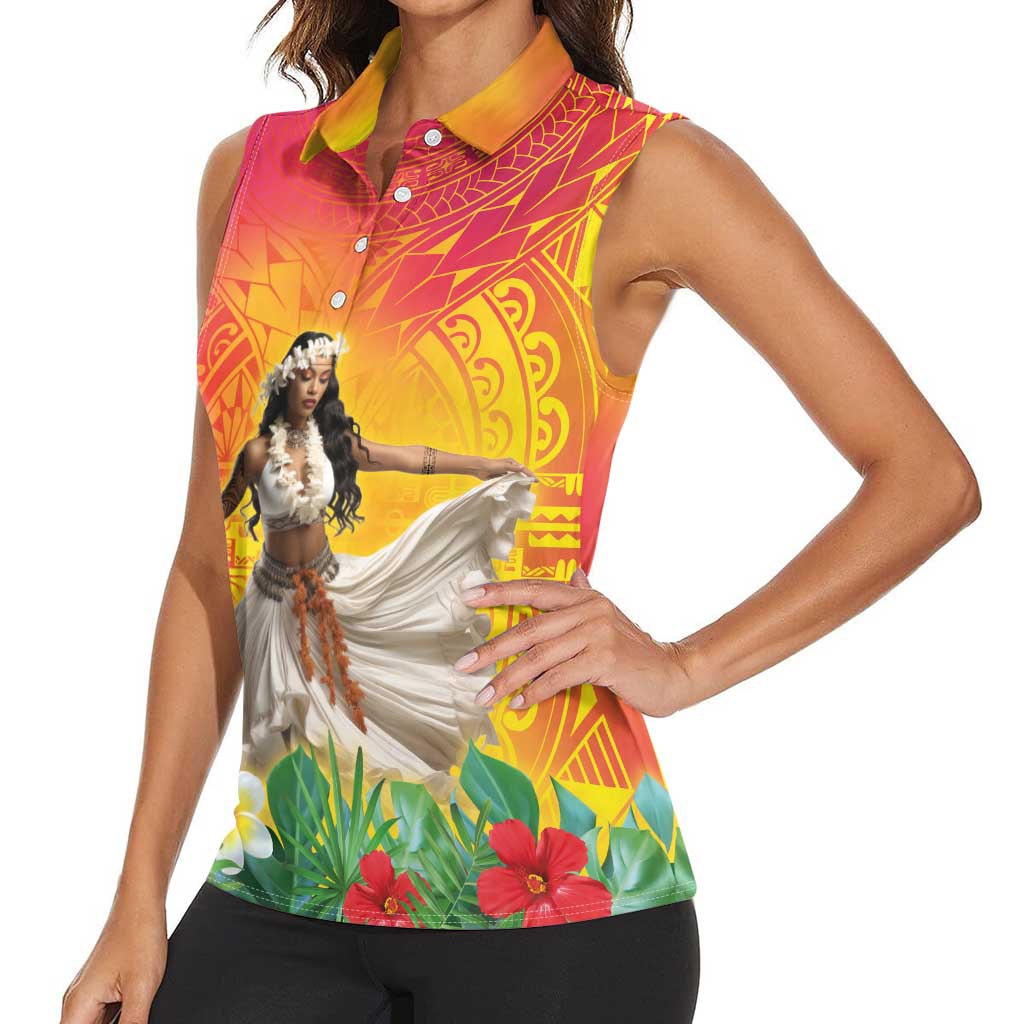 Woman Polynesian Tattoos Women Sleeveless Polo Shirt Tropical Flower - Vibrant Hot Color