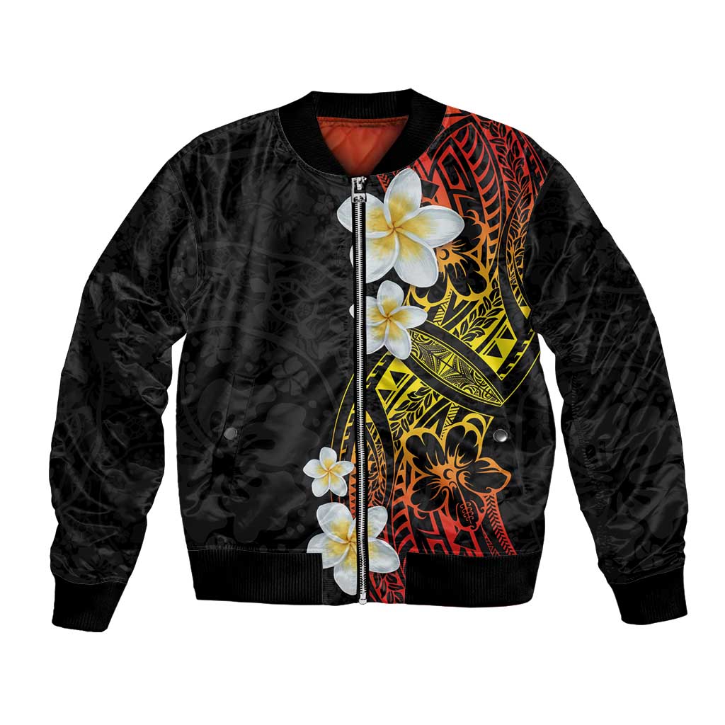 Plumeria Bomber Jacket Polynesian Tribal Frangipani Sunset LT03 Unisex Black - Polynesian Pride