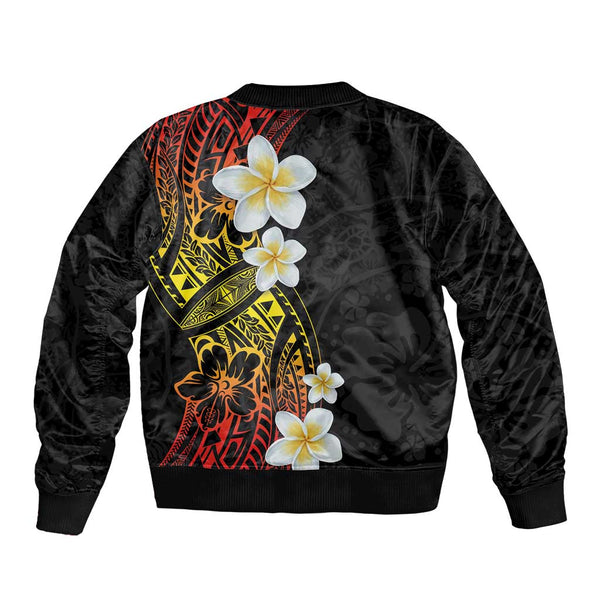 Hawaii Sleeve Zip Bomber Jacket Niihau Islands Polynesian Sunset Plumeria Green Vibe LT9 main image 1