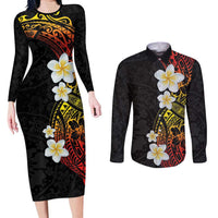 Plumeria Couples Matching Long Sleeve Bodycon Dress and Long Sleeve Button Shirt Polynesian Tribal Frangipani Sunset