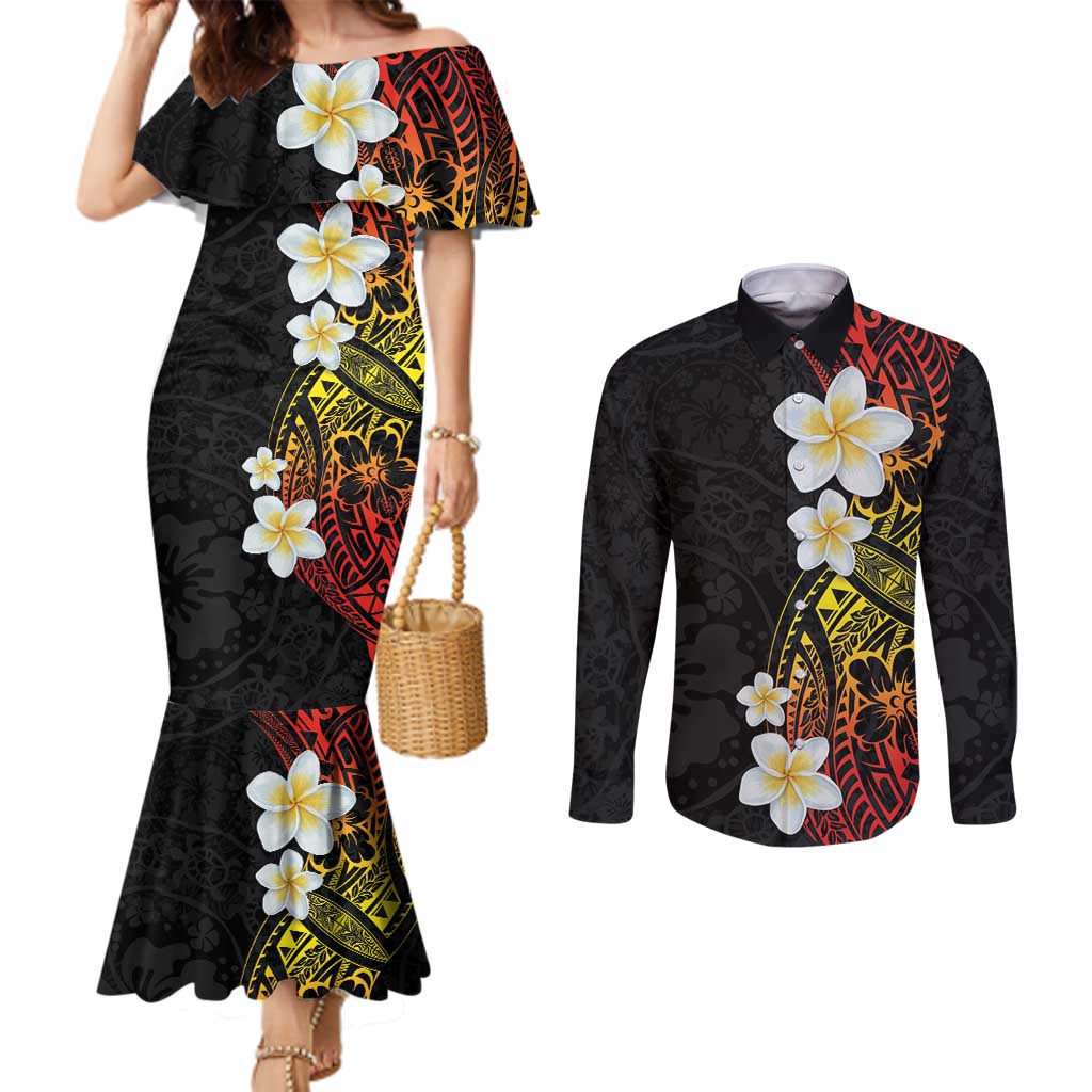 Plumeria Couples Matching Mermaid Dress and Long Sleeve Button Shirt Polynesian Tribal Frangipani Sunset