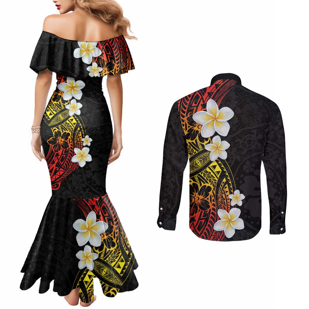 Plumeria Couples Matching Mermaid Dress and Long Sleeve Button Shirt Polynesian Tribal Frangipani Sunset