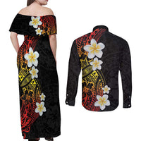 Plumeria Couples Matching Off Shoulder Maxi Dress and Long Sleeve Button Shirt Polynesian Tribal Frangipani Sunset