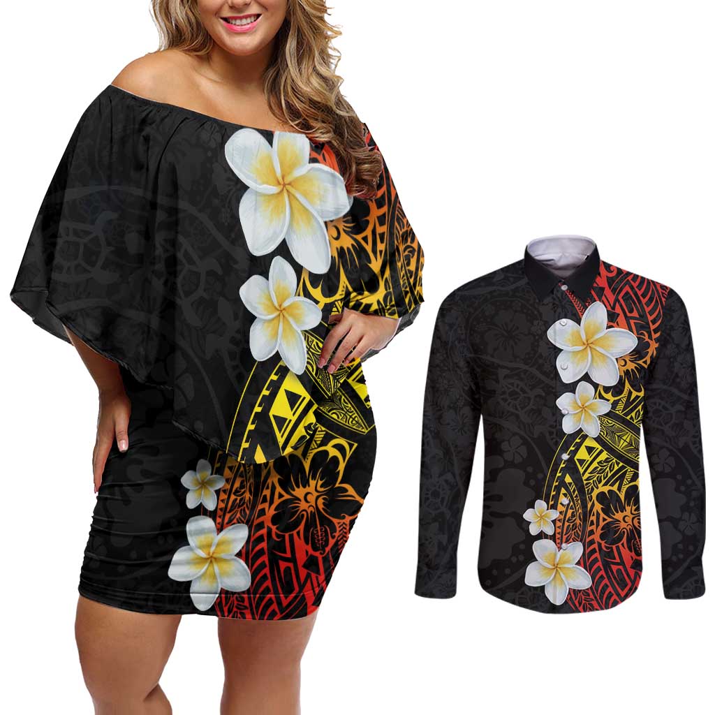 Plumeria Couples Matching Off Shoulder Short Dress and Long Sleeve Button Shirt Polynesian Tribal Frangipani Sunset