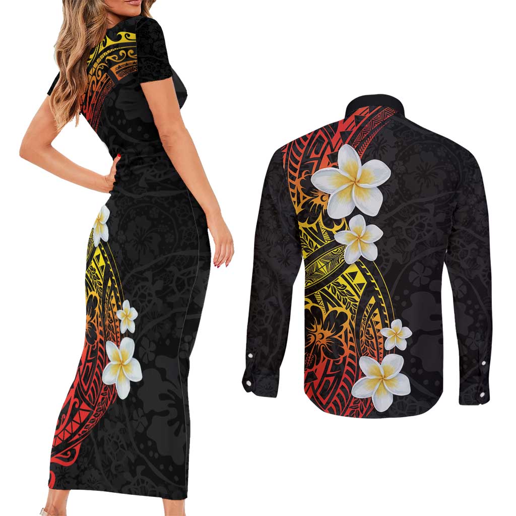 Plumeria Couples Matching Short Sleeve Bodycon Dress and Long Sleeve Button Shirt Polynesian Tribal Frangipani Sunset