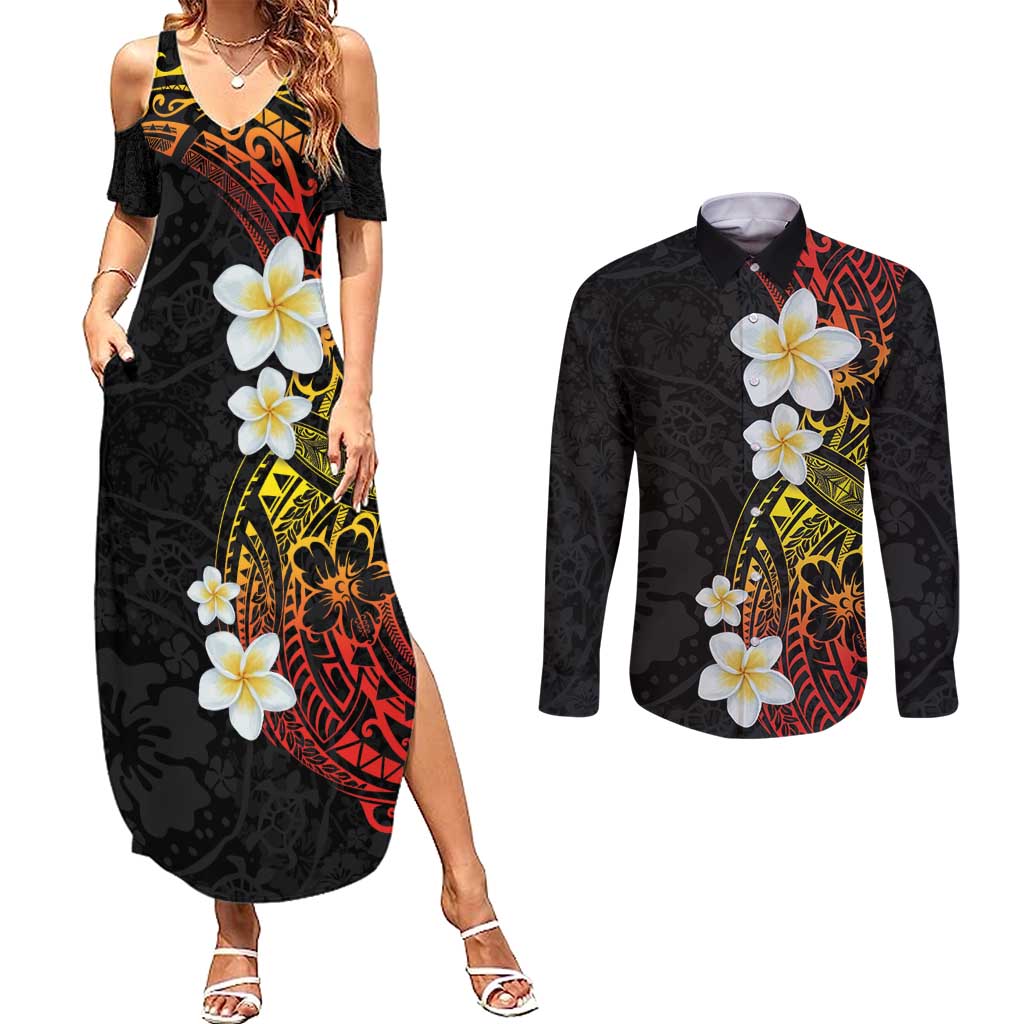 Plumeria Couples Matching Summer Maxi Dress and Long Sleeve Button Shirt Polynesian Tribal Frangipani Sunset