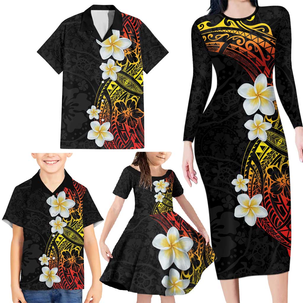Plumeria Family Matching Long Sleeve Bodycon Dress and Hawaiian Shirt Polynesian Tribal Frangipani Sunset