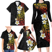 Plumeria Family Matching Long Sleeve Bodycon Dress and Hawaiian Shirt Polynesian Tribal Frangipani Sunset