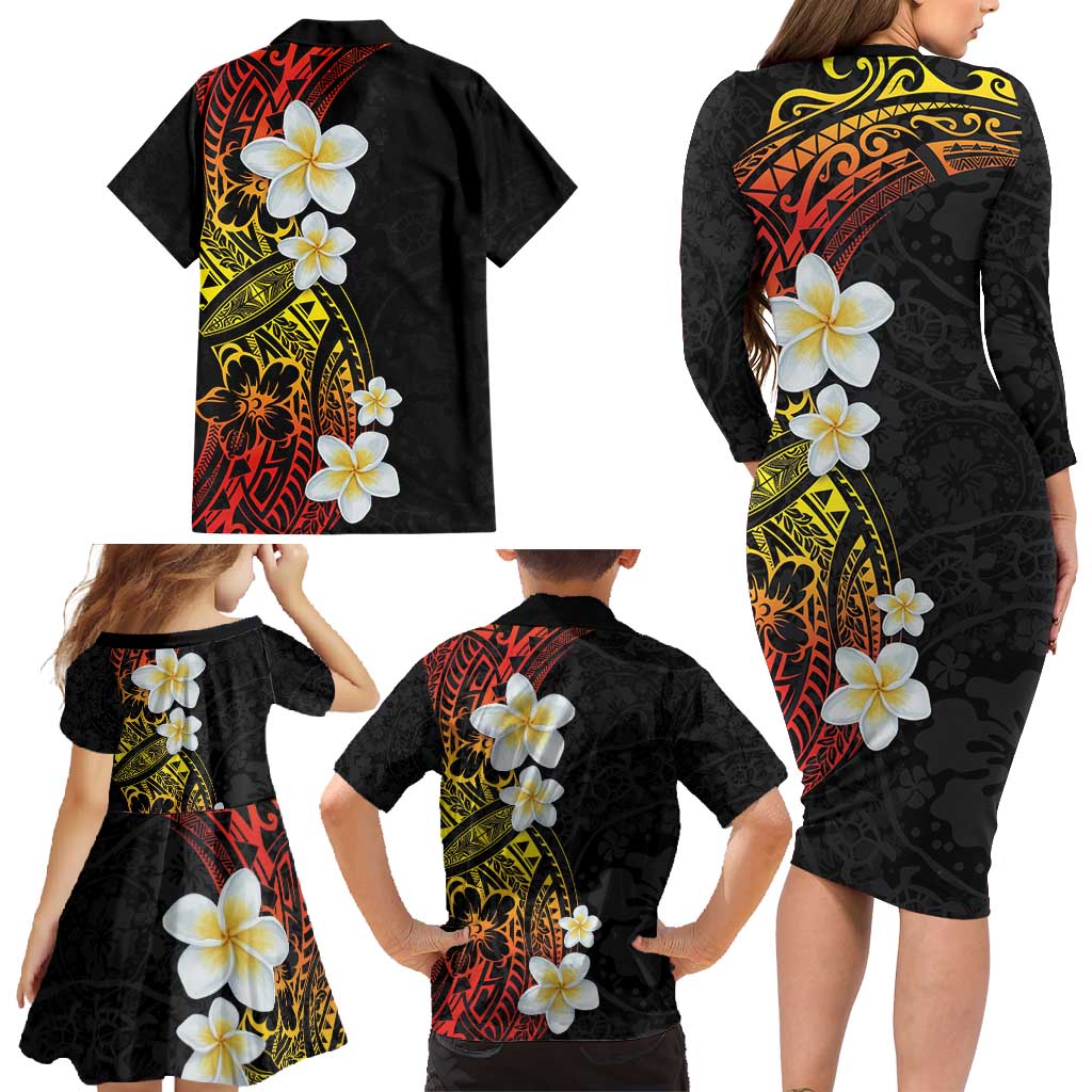 Plumeria Family Matching Long Sleeve Bodycon Dress and Hawaiian Shirt Polynesian Tribal Frangipani Sunset