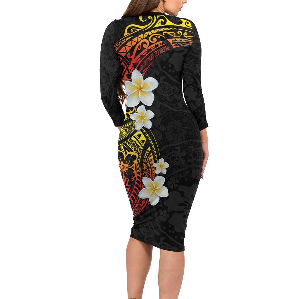 Plumeria Family Matching Long Sleeve Bodycon Dress and Hawaiian Shirt Polynesian Tribal Frangipani Sunset