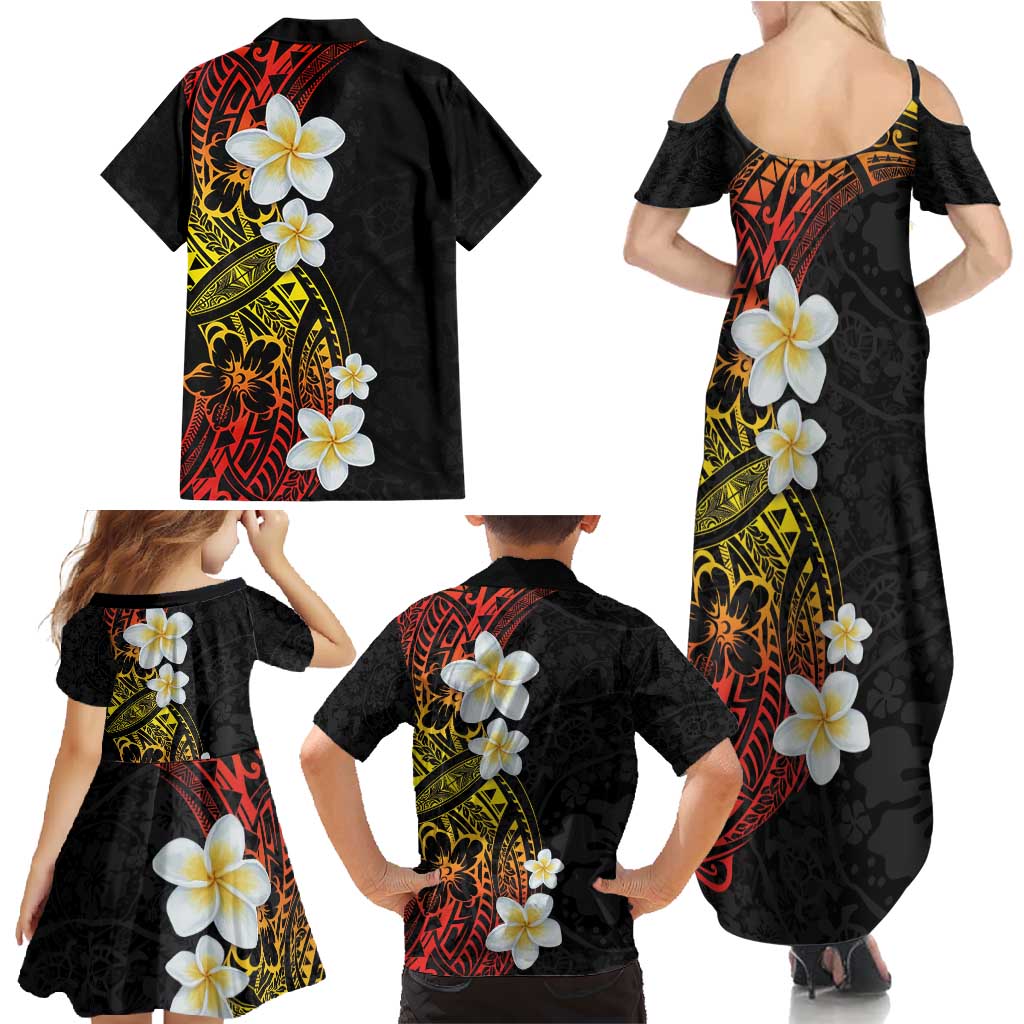 Plumeria Family Matching Summer Maxi Dress and Hawaiian Shirt Polynesian Tribal Frangipani Sunset
