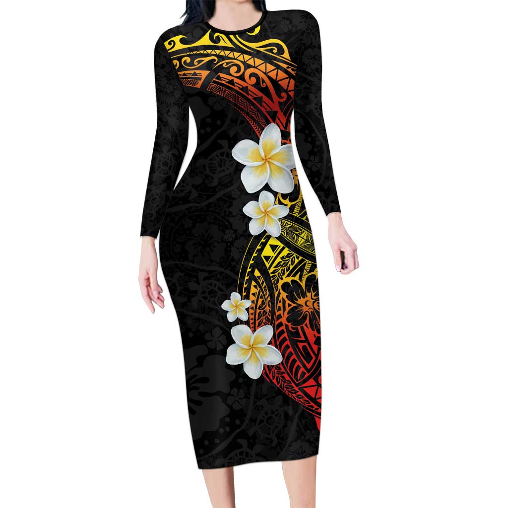 Plumeria Long Sleeve Bodycon Dress Polynesian Tribal Frangipani Sunset LT03 Long Dress Black - Polynesian Pride