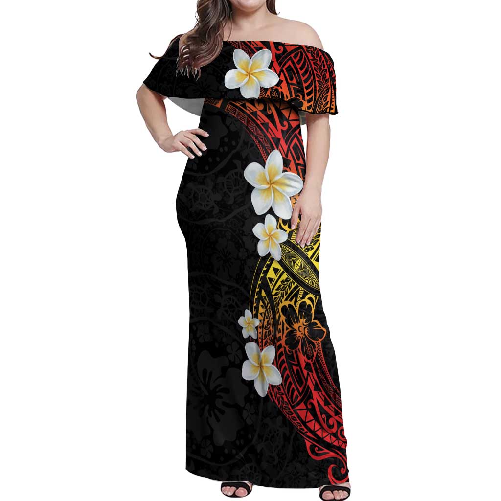 Plumeria Off Shoulder Maxi Dress Polynesian Tribal Frangipani Sunset