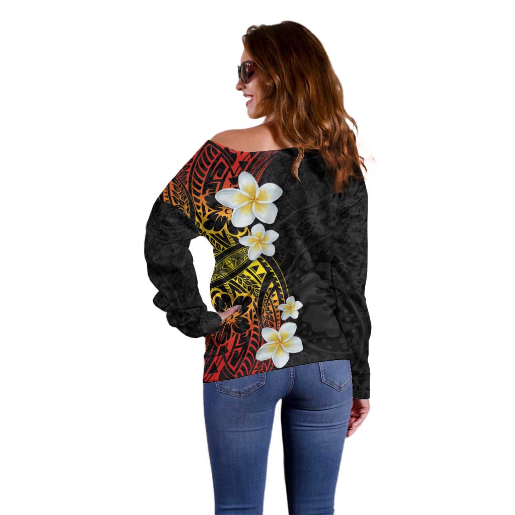 Plumeria Off Shoulder Sweater Polynesian Tribal Frangipani Sunset