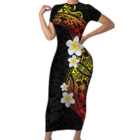 Plumeria Short Sleeve Bodycon Dress Polynesian Tribal Frangipani Sunset LT03 Long Dress Black - Polynesian Pride