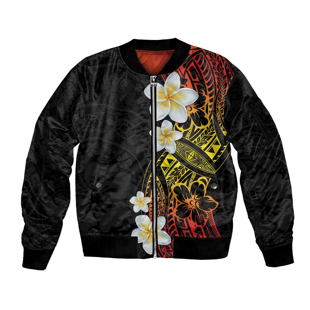 Plumeria Sleeve Zip Bomber Jacket Polynesian Tribal Frangipani Sunset LT03 Unisex Black - Polynesian Pride