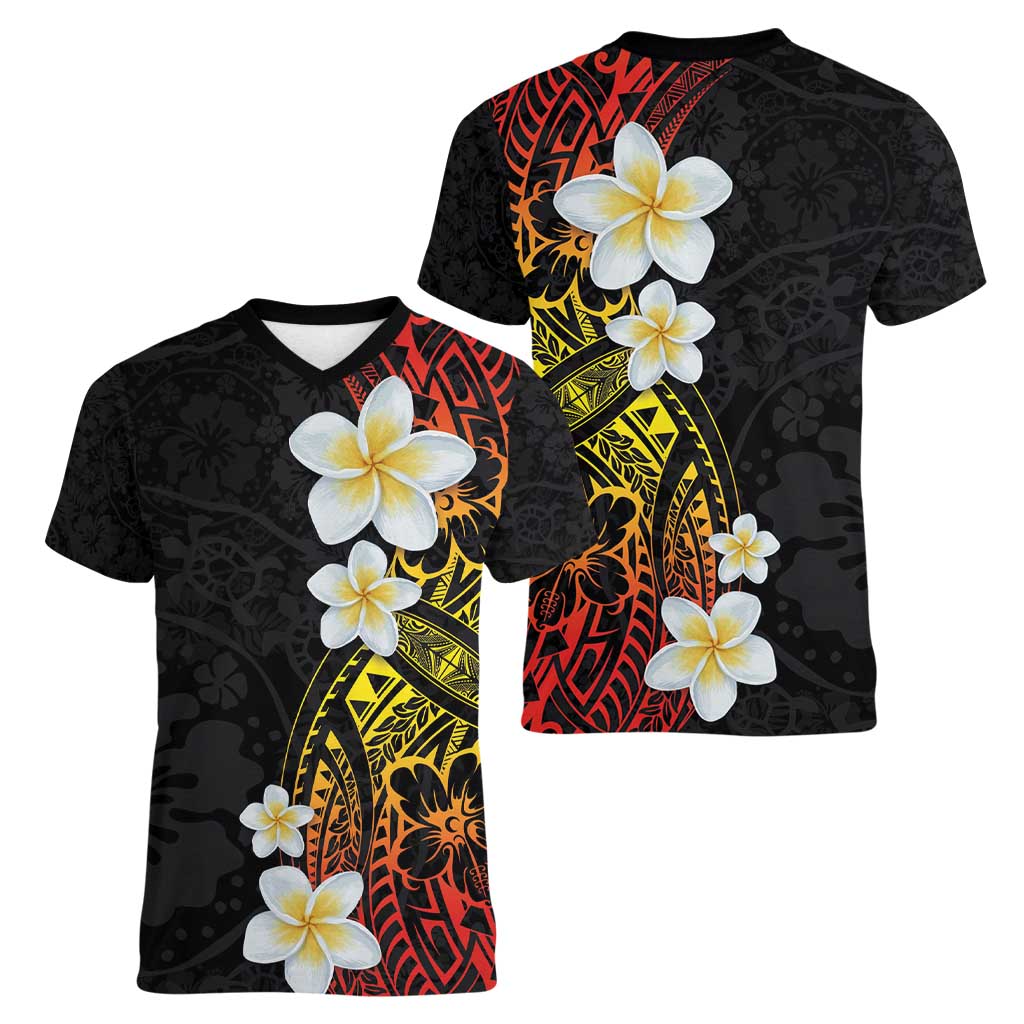 Plumeria Women V-Neck T-Shirt Polynesian Tribal Frangipani Sunset