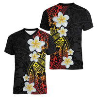 Plumeria Women V-Neck T-Shirt Polynesian Tribal Frangipani Sunset