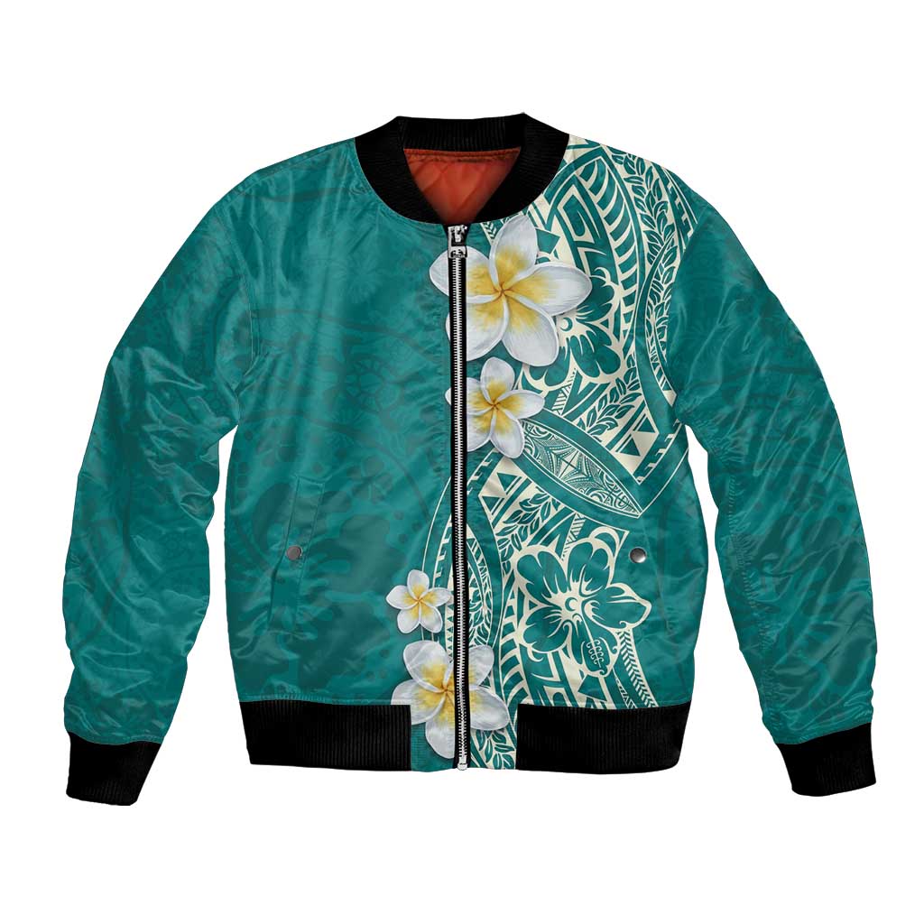 Plumeria Bomber Jacket Polynesian Tribal Frangipani Teal LT03 Unisex Teal - Polynesian Pride