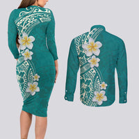 Plumeria Couples Matching Long Sleeve Bodycon Dress and Long Sleeve Button Shirt Polynesian Tribal Frangipani Teal