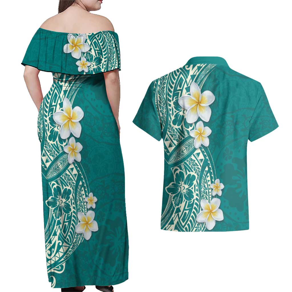 Plumeria Couples Matching Off Shoulder Maxi Dress and Hawaiian Shirt Polynesian Tribal Frangipani Teal