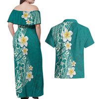 Plumeria Couples Matching Off Shoulder Maxi Dress and Hawaiian Shirt Polynesian Tribal Frangipani Teal