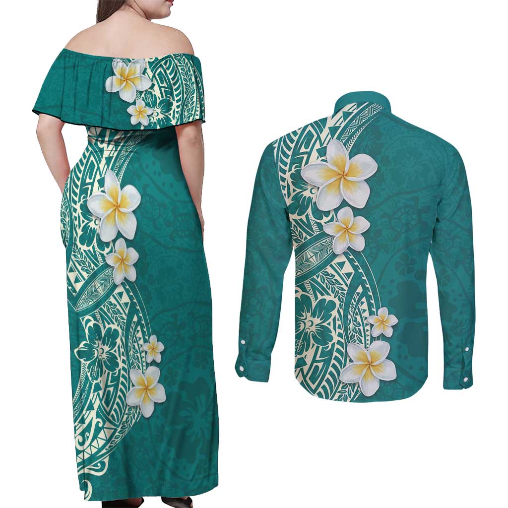 Plumeria Couples Matching Off Shoulder Maxi Dress and Long Sleeve Button Shirt Polynesian Tribal Frangipani Teal