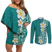 Plumeria Couples Matching Off Shoulder Short Dress and Long Sleeve Button Shirt Polynesian Tribal Frangipani Teal