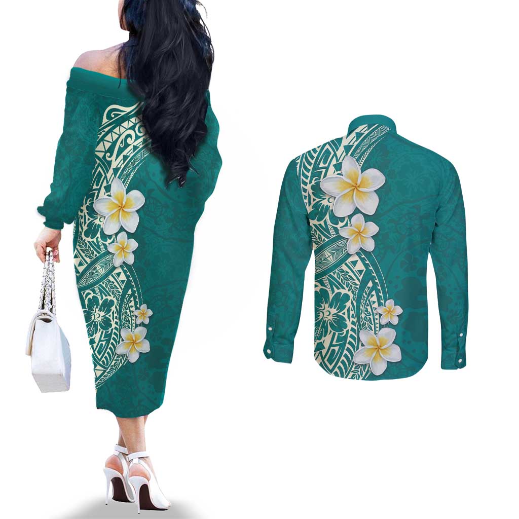 Plumeria Couples Matching Off The Shoulder Long Sleeve Dress and Long Sleeve Button Shirt Polynesian Tribal Frangipani Teal
