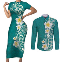 Plumeria Couples Matching Short Sleeve Bodycon Dress and Long Sleeve Button Shirt Polynesian Tribal Frangipani Teal