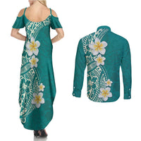 Plumeria Couples Matching Summer Maxi Dress and Long Sleeve Button Shirt Polynesian Tribal Frangipani Teal