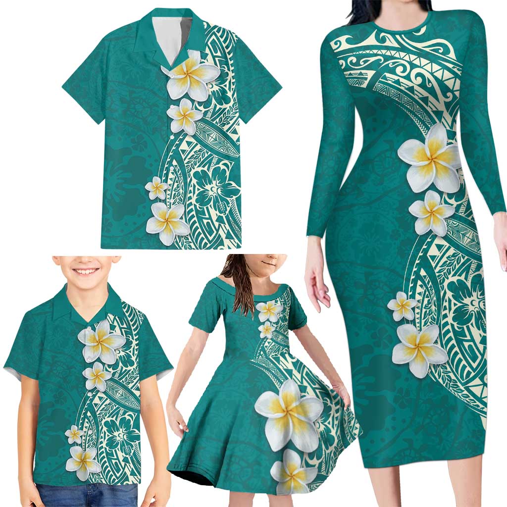 Plumeria Family Matching Long Sleeve Bodycon Dress and Hawaiian Shirt Polynesian Tribal Frangipani Teal