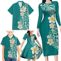 Plumeria Family Matching Long Sleeve Bodycon Dress and Hawaiian Shirt Polynesian Tribal Frangipani Teal