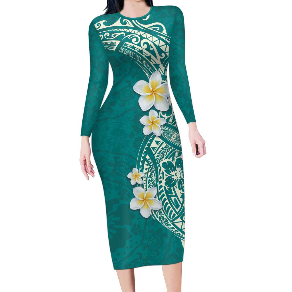 Plumeria Family Matching Long Sleeve Bodycon Dress and Hawaiian Shirt Polynesian Tribal Frangipani Teal
