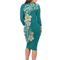 Plumeria Family Matching Long Sleeve Bodycon Dress and Hawaiian Shirt Polynesian Tribal Frangipani Teal