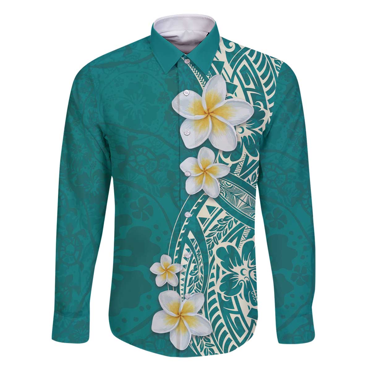 Plumeria Family Matching Off The Shoulder Long Sleeve Dress and Hawaiian Shirt Polynesian Tribal Frangipani Teal