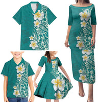 Plumeria Family Matching Puletasi and Hawaiian Shirt Polynesian Tribal Frangipani Teal