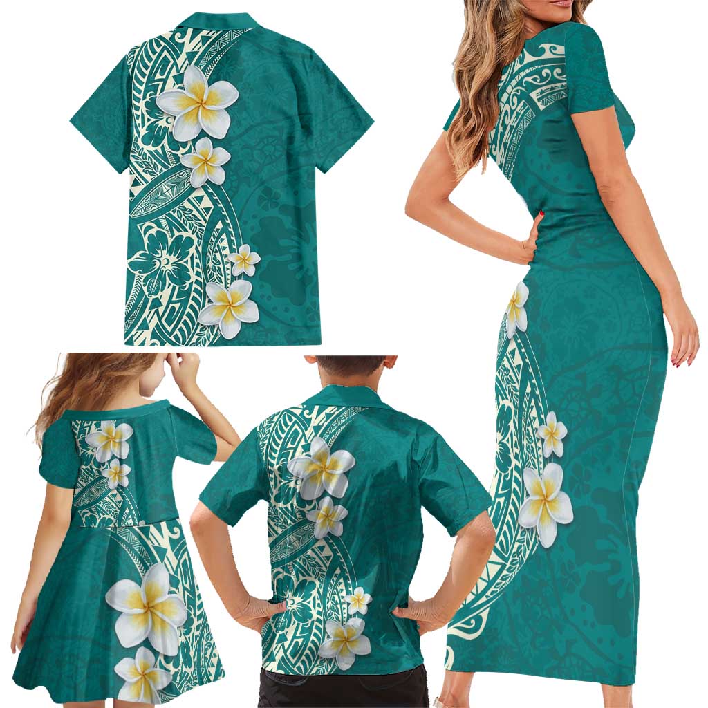 Plumeria Family Matching Short Sleeve Bodycon Dress and Hawaiian Shirt Polynesian Tribal Frangipani Teal
