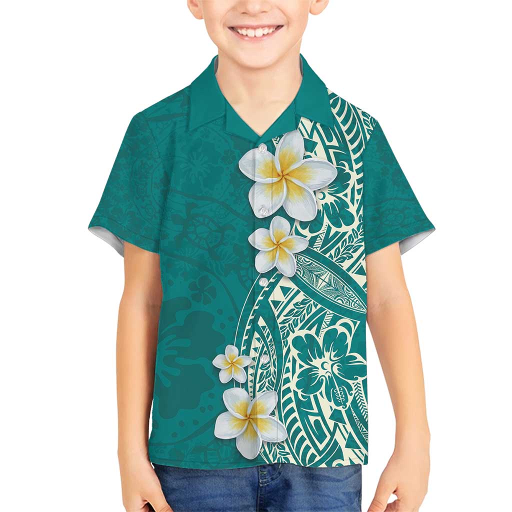 Plumeria Family Matching Tank Maxi Dress and Hawaiian Shirt Polynesian Tribal Frangipani Teal LT03 Son's Shirt Teal - Polynesian Pride